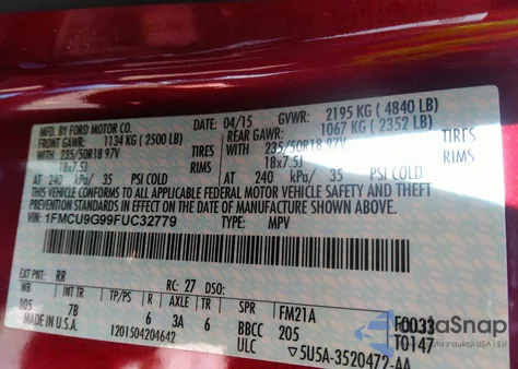 2015 Ford Escape Se from USA, damaged, VIN 1FMCU9G99FUC32779